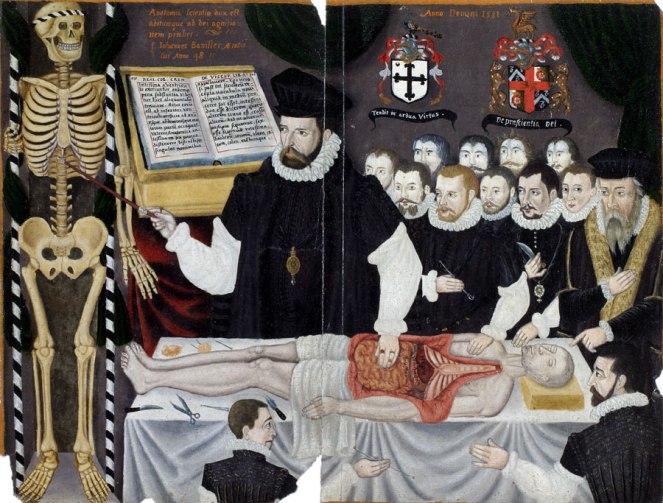 Painting shows a man pointing at a skeleton, and also demonstrating the post-mortem of a corpse, which has been opened up and has internal organs on display.  A number of men are watching.
