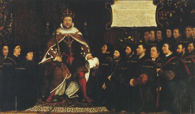 Painting depicting a seated Henry VIII with members of the Barber-Surgeons Company standing around him to the left and right