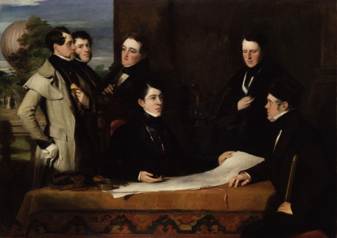A Consultation prior to the Aerial Voyage to Weilburgh, 1836 by John Hollins. Robert Hollond is the seated figure in the centre. Image courtesy of Wikimedia Commons.