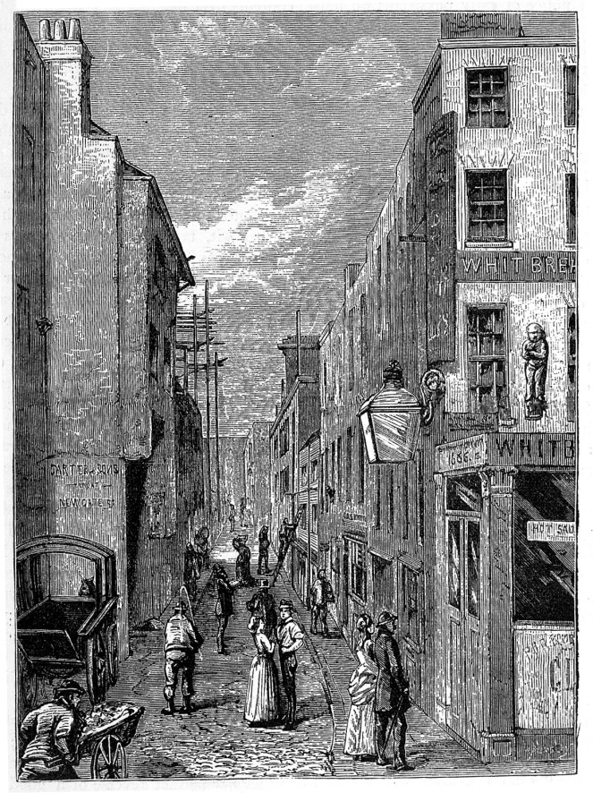 Cock Lane and Pye Corner. The cherub can be seen on the wall of the pub on the right in the picture. Image from Wellcome Images.