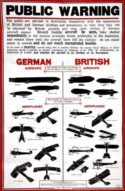 Poster designed to help people differentiate between German and British airships and aeroplanes (public doman image from the National Archives)