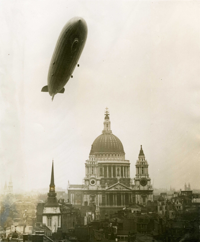 Graf Zeppelin flying over St Paul's Cathedral, 1930 (public domain image from the National Archives)