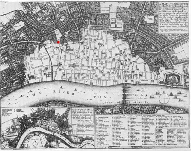 Contemporary map by Wenceslav Hollar showing the area destroyed by the Great Fire of London. Pye Corner is indicated by the red dot. Image from Wikimedia Commons.