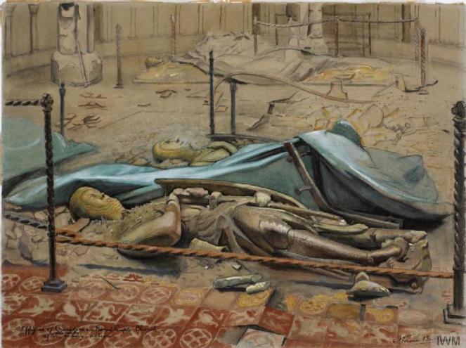 Watercolour by Norma Bull showing some of Temple Church's effigies lying in the rubble following bomb damage (image courtesy of the Imperial War Museum © IWM (Art.IWM ART LD 4899))