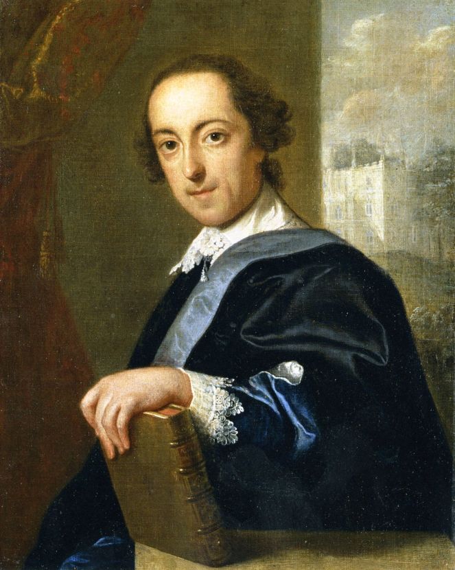 Portrait of Horace Walpole by John Giles Eccardt, 1754. Strawberry Hill can be seen in the background (image from Wikimedia Commons)