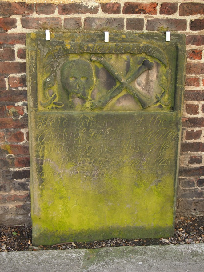 Skull and crossbones "Memento Mori" grave dating from 1741 in St George's Gardens