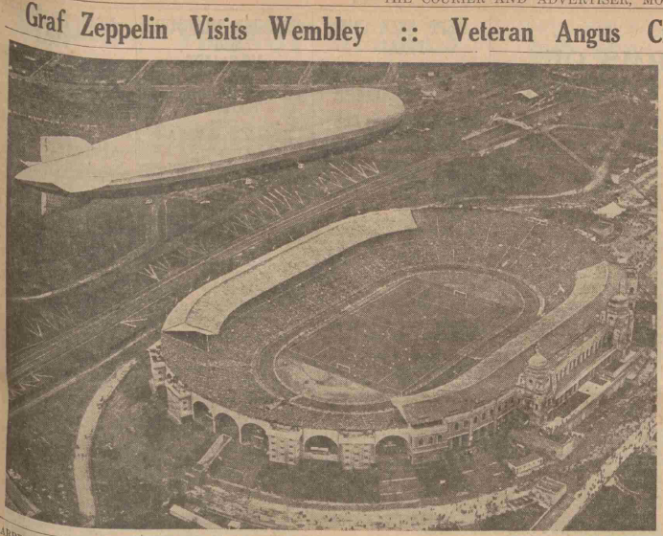 Image of the Graf Zeppelin flying over Wembley during the FA Cup Final of 1930 (Dundee Courier, 28th April 1930 Image © D.C.Thomson & Co. Ltd. Image created courtesy of THE BRITISH LIBRARY BOARD.)