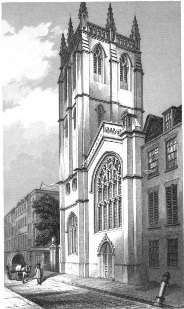 Exterior of St Alban, Wood St - image from The Churches of London by George Godwin, 1839 (via Wikimedia Commons)