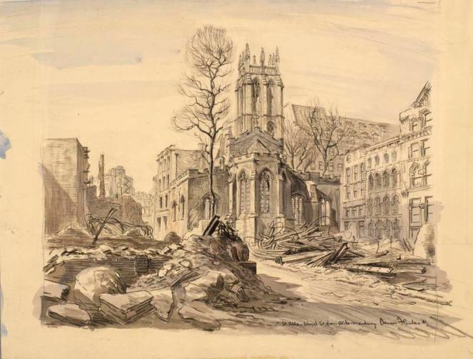 Drawing of St Alban, Wood St, in 1941, by Dennis Flanders. Courtesy of Imperial War Museum © IWM (Art.IWM ART LD 5944)