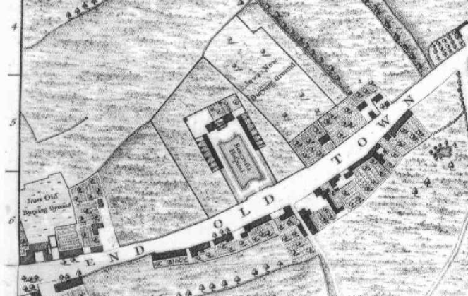 Detail from John Rocque's 1746 map of London - the old Jews' burying ground is on the far left, while the larger new Jews' burying ground is to the right (image via Wikimedia Commons)