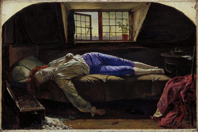 Chatterton, by Henry Wallis (1856), depicting the suicide of Thomas Chatterton (image via Wikimedia Commons)