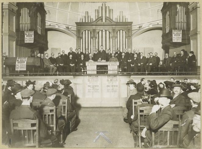 A trade union meeting taking place in Battersea Town Hall (source)
