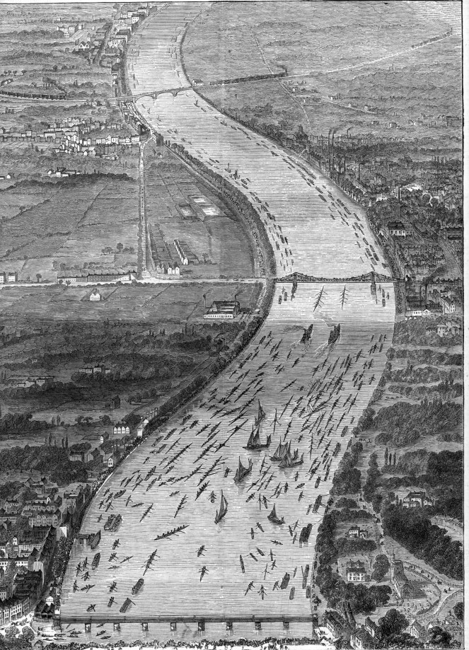 Image from The Graphic in 1870, showing the University Boat Race in progress. Hammersmith Bridge is in the centre of the image. Image via Wikimedia Commons.