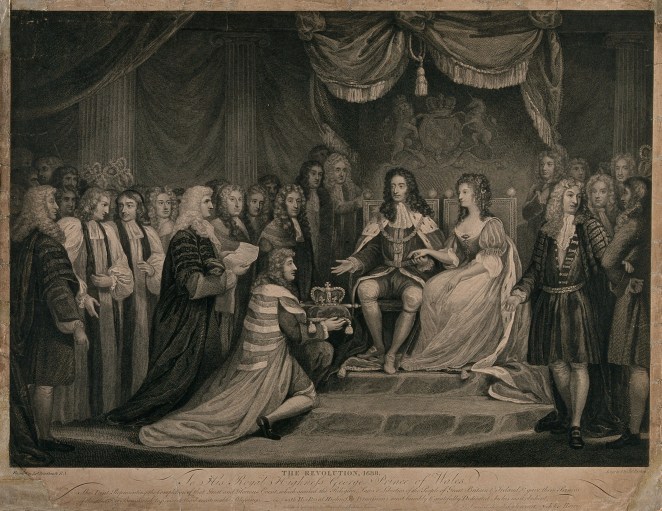 V0048279 William of Orange, and Mary, his English wife are presented Credit: Wellcome Library, London. Wellcome Images images@wellcome.ac.uk http://wellcomeimages.org William of Orange, and Mary, his English wife are presented with the crown. Line engraving by J. Parker after J. Northcote, 1790. 1790 By: James Northcoteafter: James ParkerPublished: 26 April 1790 Copyrighted work available under Creative Commons Attribution only licence CC BY 4.0 http://creativecommons.org/licenses/by/4.0/