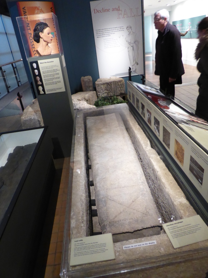 The sarcophagus and coffin of the Spitalfields lady on display at the Museum of London