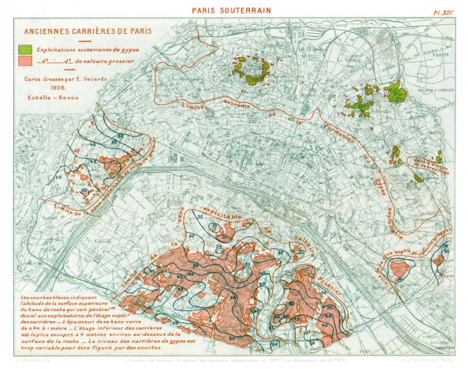 1908 plan of Paris showing where gypsum (in green) and limestone (pink) were quarried. The gypsum quarries in the Montmartre area are in the top centre of the map. Image via Wikimedia Commons.