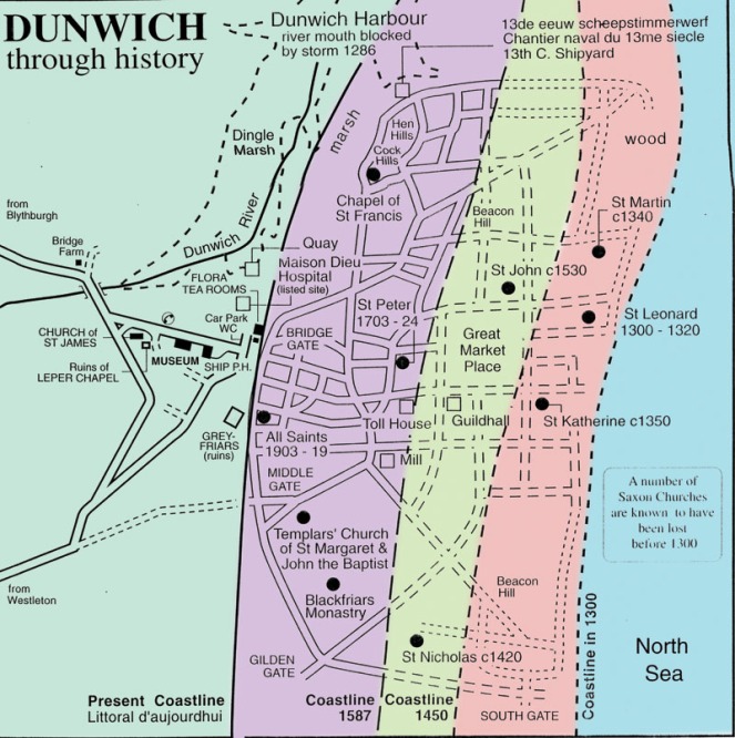 Map showing various landmarks in medieval Dunwich, and approximate locations of the coastline at different times (source)