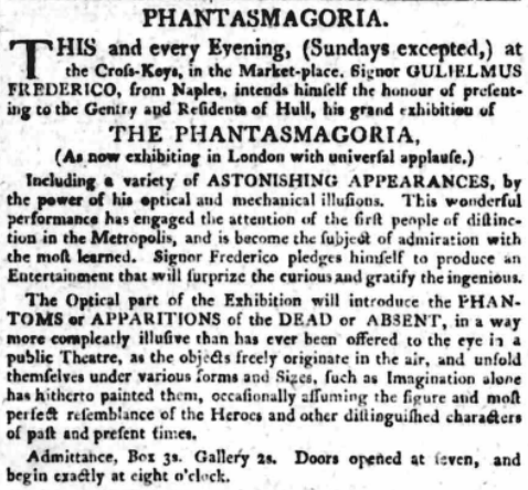 Advertisement for a Phantasmagoria show in Hull, from Hull Advertiser and Exchange Gazette, 8th May 1802 (© THE BRITISH LIBRARY BOARD)