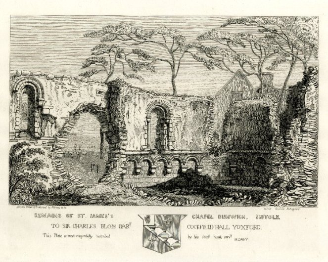 Remains of St James' chapel, Dunwich (part of the old leper hospital), by Henry Davy, 1827 (image via Wikimedia Commons)