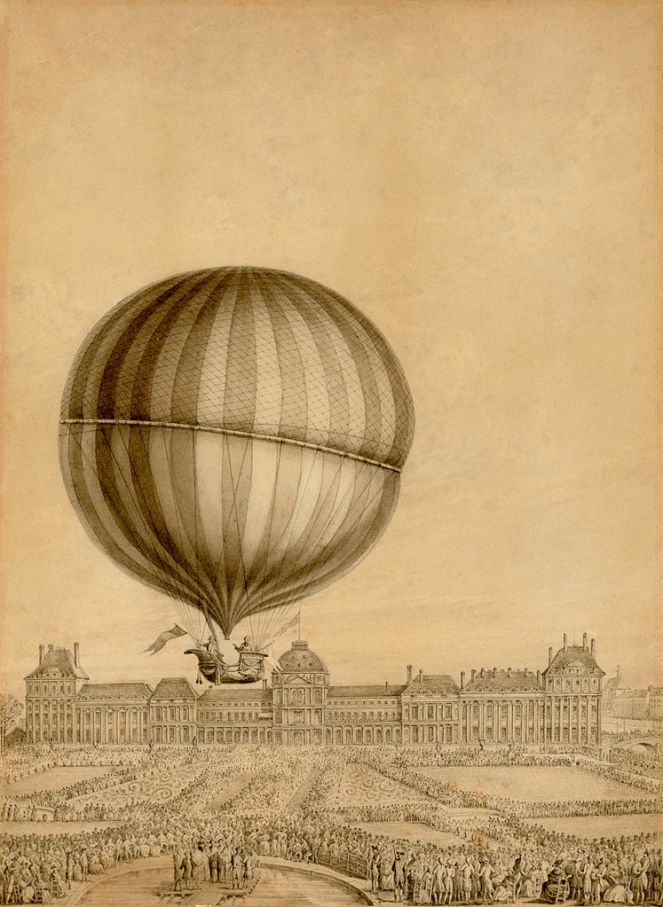 Contemporary engraving showing the Jacques Charles and Nicolas Marie-Noel Robert carrying out the first ever manned gas balloon flight in Paris in 1783 (image via Wikimedia Commons)
