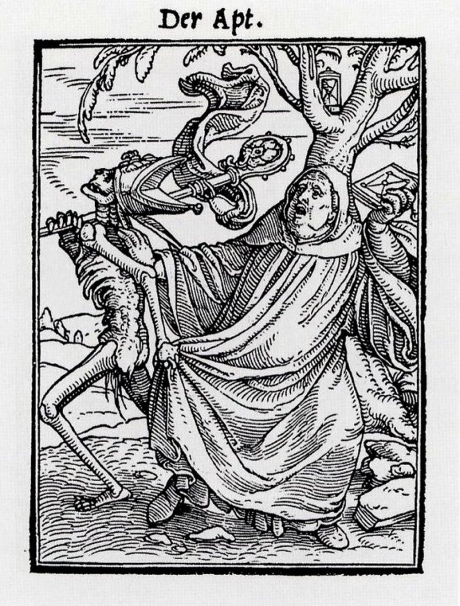 The Abbot, from The Dance of Death by Hans Holbein the Younger (image via Wikimedia Commons)