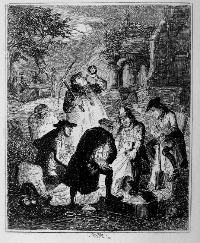 1847 illustration of resurrectionists at work, accompanying a story about John Holmes and Peter Williams, Bloomsbury bodysnatchers (image via Wikimedia Commons)