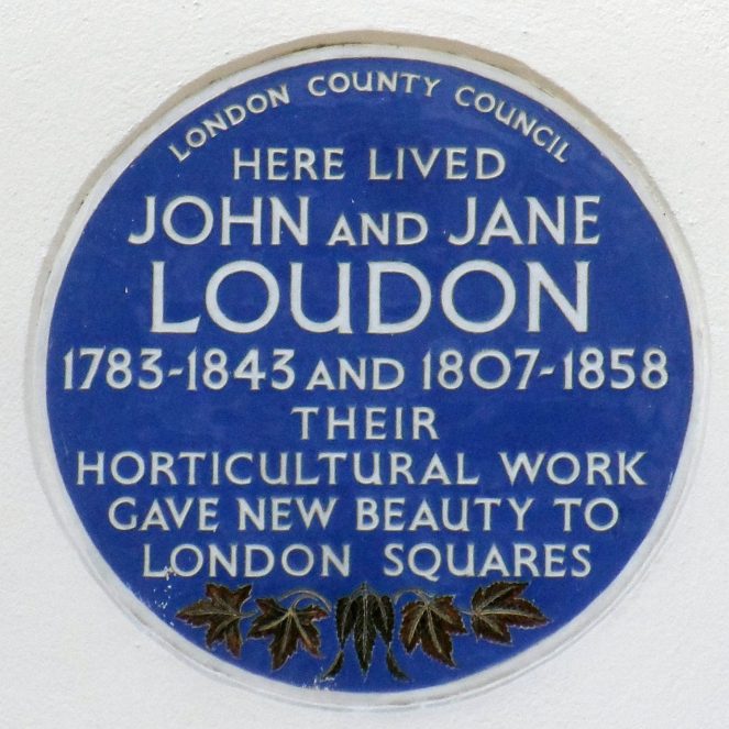 Blue plaque commemorating John and Jane Loudon at their former address in Bayswater, London. Inscription reads 'HERE LIVED JOHN AND JANE LOUDON 1783-1843 AND 1807-1858. THEIR HORTICULTURAL WORK GAVE NEW BEAUTY TO LONDON SQUARES