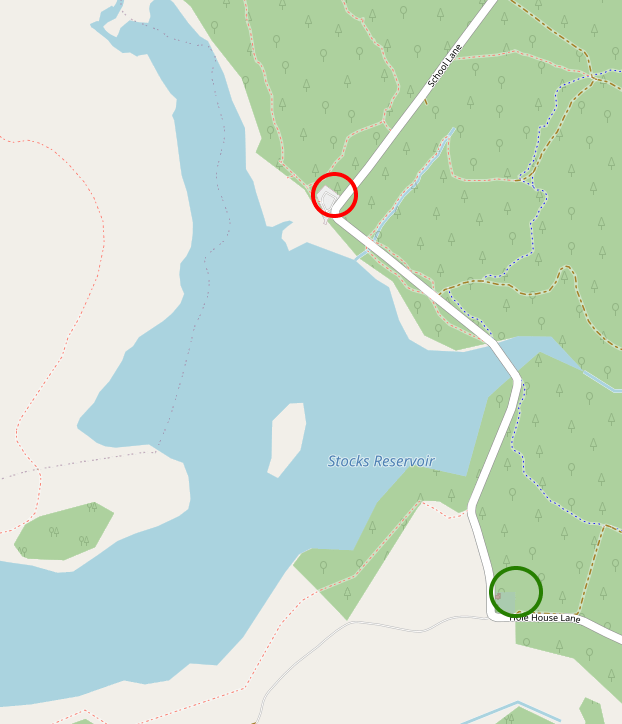 Modern map extract showing the old and new sites of St James' church in relation to the Stocks Reservoir